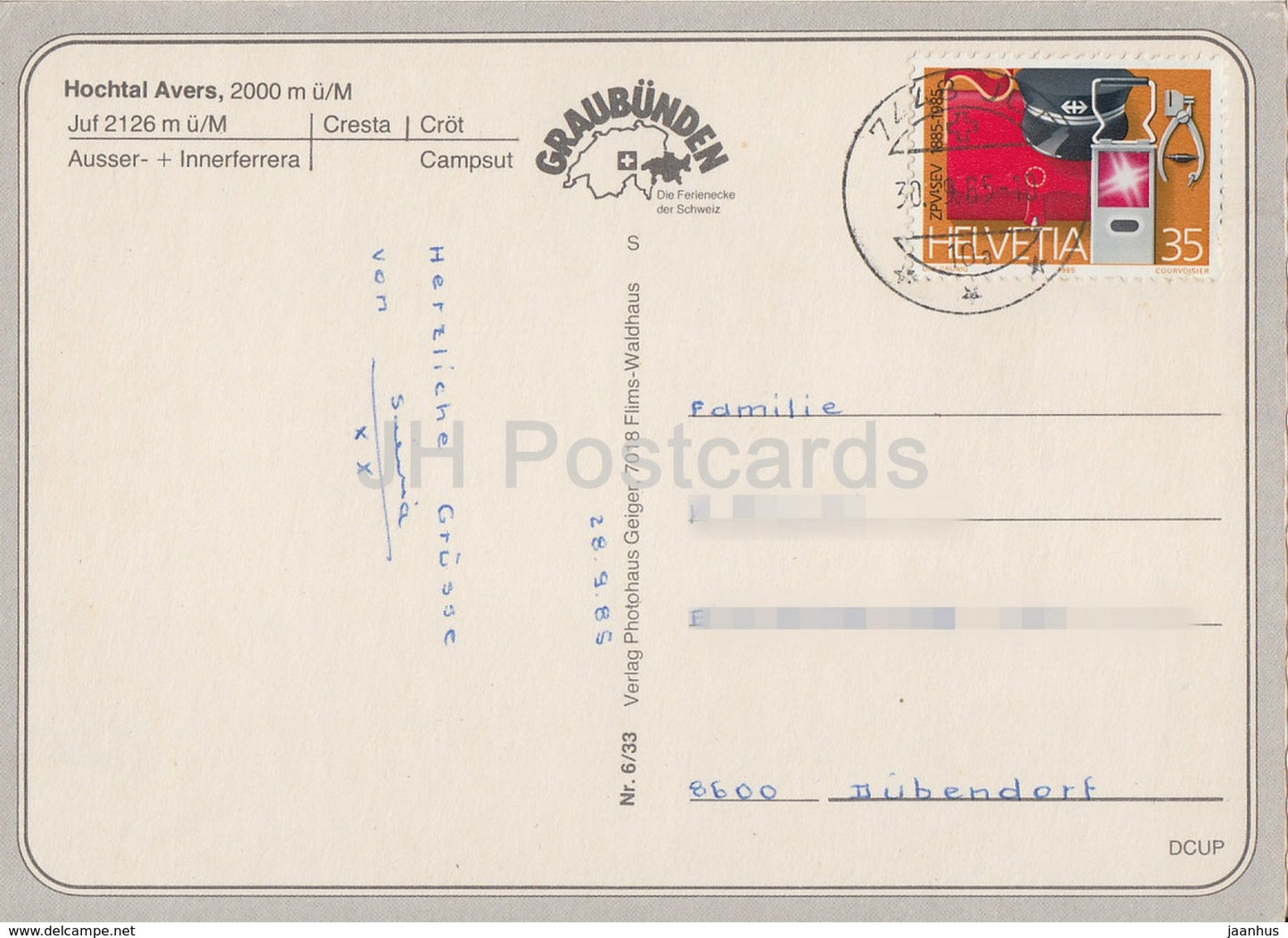 Hochtal Avers 2000 m - Juf - Cresta - Crot - Campsut - 1985 - Switzerland - used