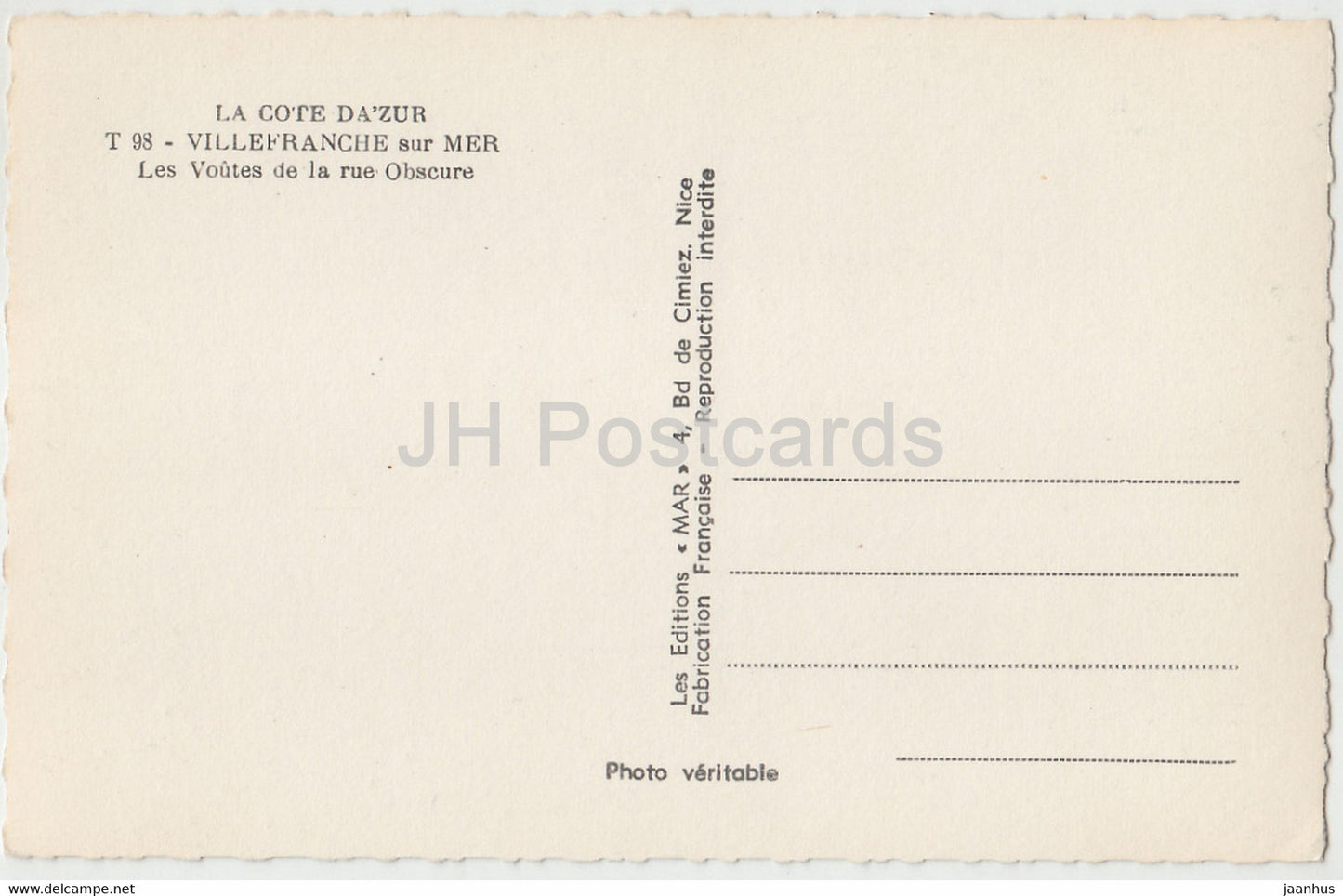 Villefranche sur Mer - Les Voutes de la rue Obscure - carte postale ancienne - France - inutilisée