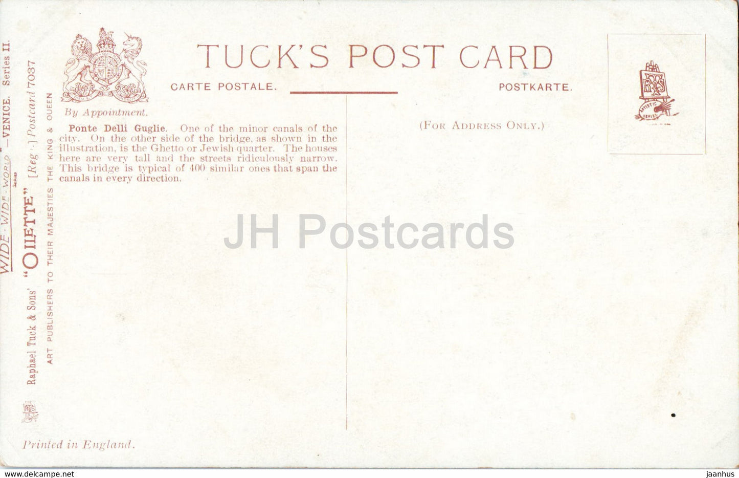 Venezia - Venise - Ponte Delli Guglie - Près du Ghetto - illustration - bateau - pont - carte postale ancienne - Italie - inutilisé