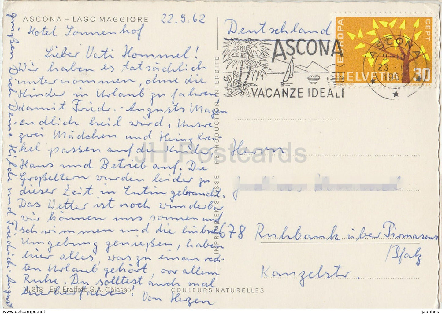 Ascona - Lago Maggiore - Albergo - bateau - 318 - Suisse - 1962 - occasion