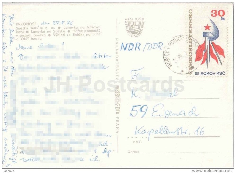 Snezka mountain - Krkonose - cable car - mountain flowers - Czechoslovakia - Czech - used 1976 - JH Postcards