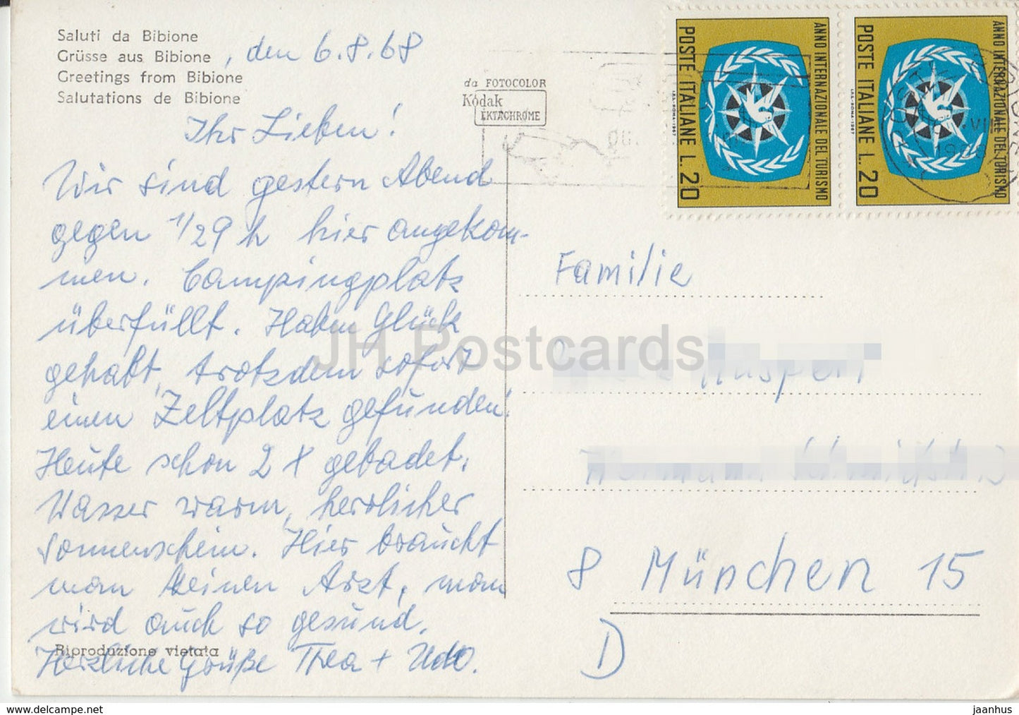 Saluti da Bibione - Salutations de Bibione - plage - bateau à voile - Italie - 1968 - utilisé