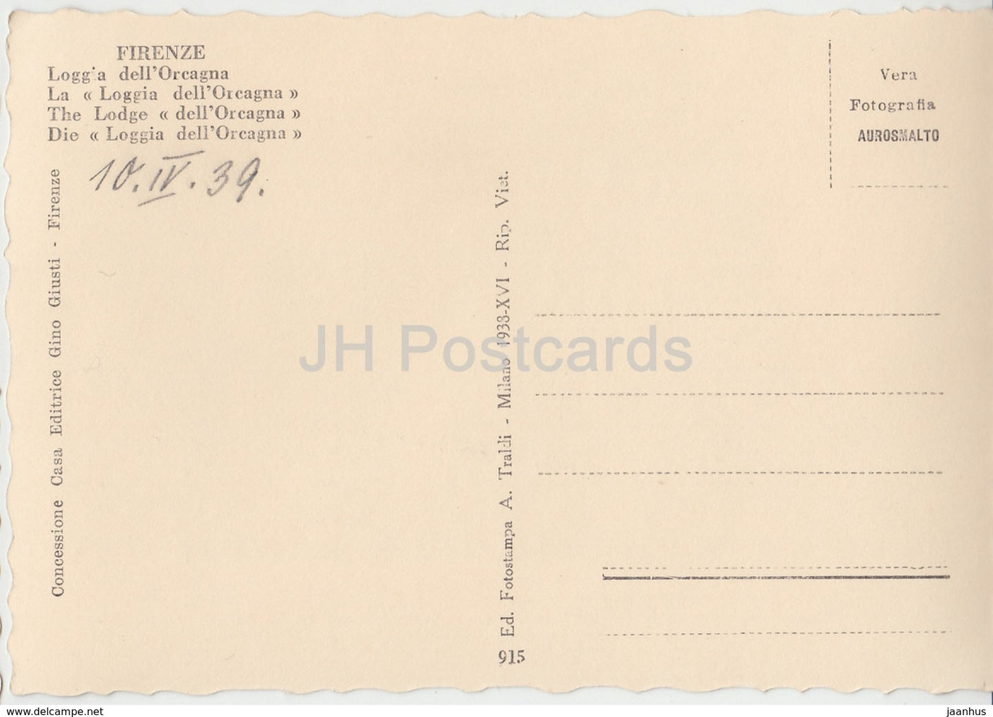 Firenze - Florence - La Loggia dell'Orcagna - lodge - 935 - 1939 - carte postale ancienne - Italie - utilisé