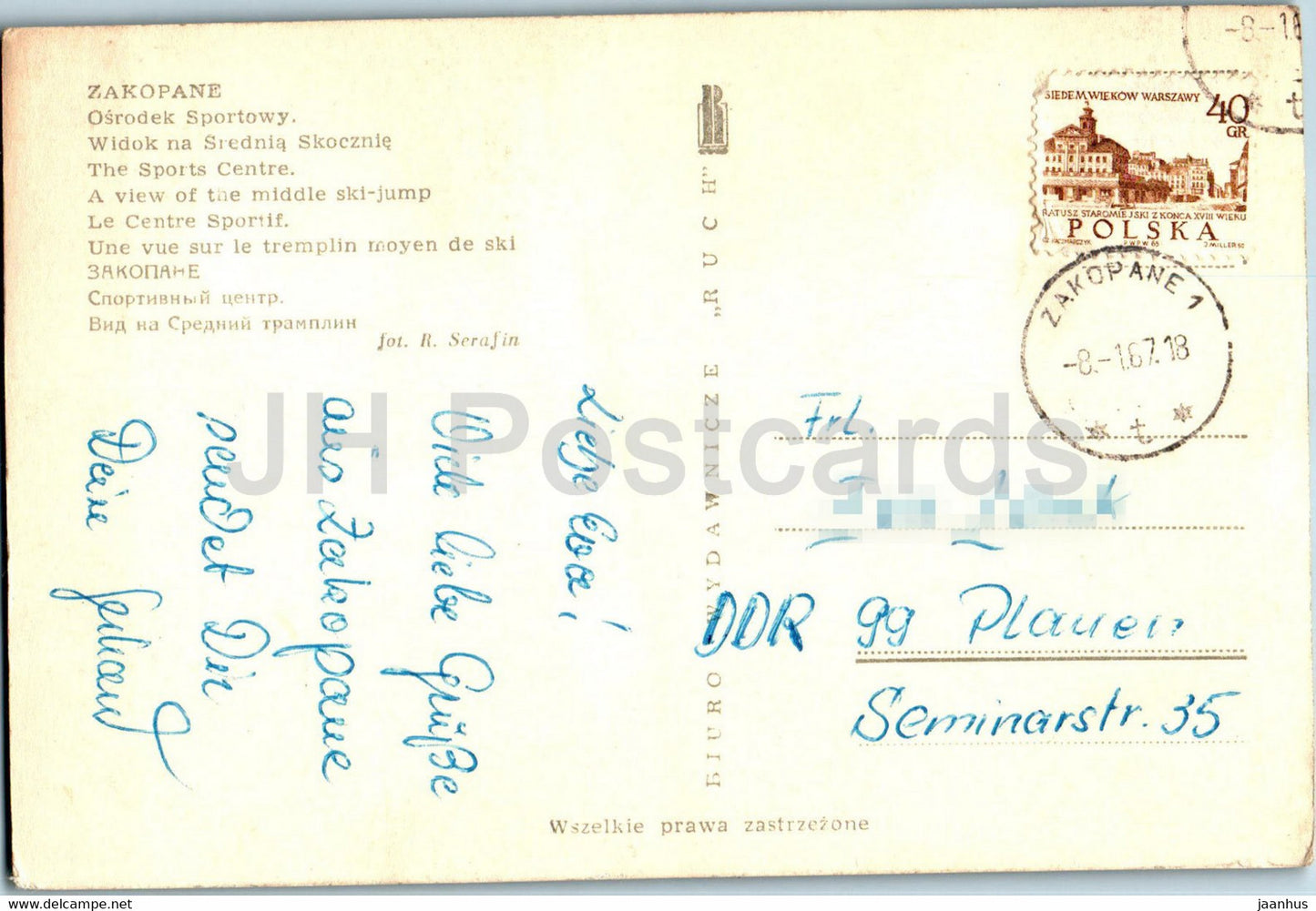 Zakopane - Le centre sportif - Une vue du tremplin de saut à ski du milieu - 1967 - Pologne - utilisé