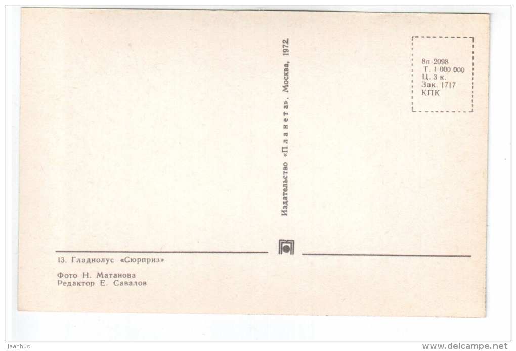 Surprise - gladiolus - flowers - 1972 - Russia USSR - unused - JH Postcards