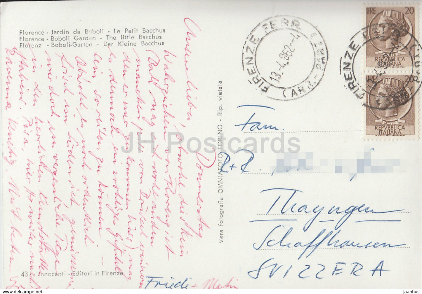 Firenze - Florence - Giardino di Boboli - Il Bacchino - Boboli Garden - Little Bacchus - tortoise - 1962 - Italy - used