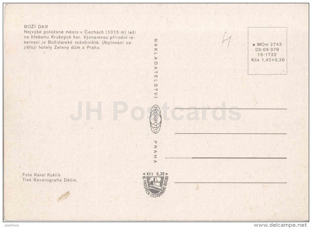 Bozi Dar - hotel Zeleny dum - Chechach - Czechoslovakia - Czech - unused - JH Postcards