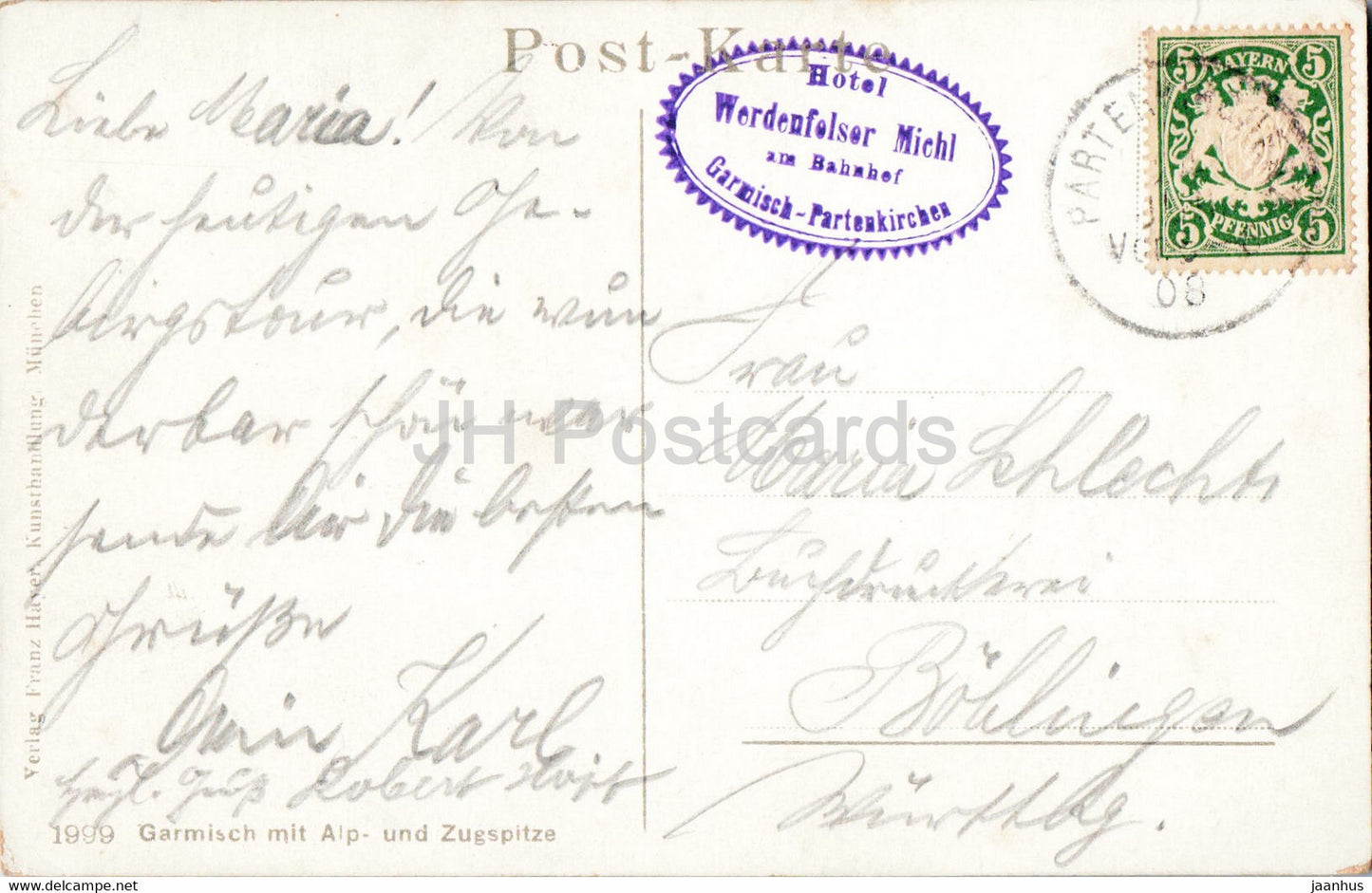 Garmisch mit Alp und Zugspitze - Hotel Werdenfelser Michl -1999 - old postcard - Germany - used