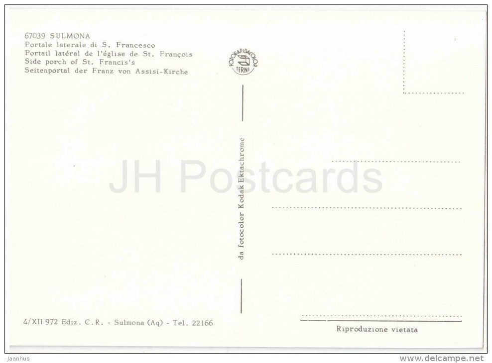 Portale Laterale di S. Francesco - Sulmona - Abruzzo - 4/XII 972 - 67039 - Italia - Italy - unused - JH Postcards