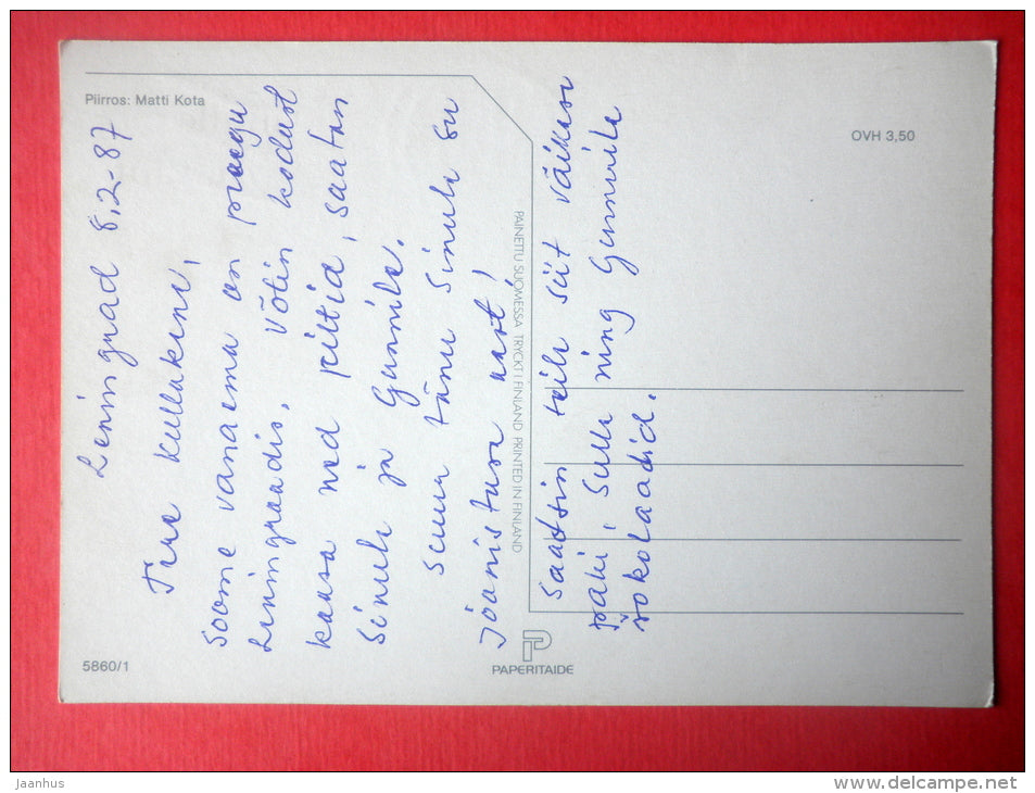 illustration by Matti Kota - girl and boy - apple - Red Cross - 5860/1 - Finland - circulated in Finland 1987 - JH Postcards