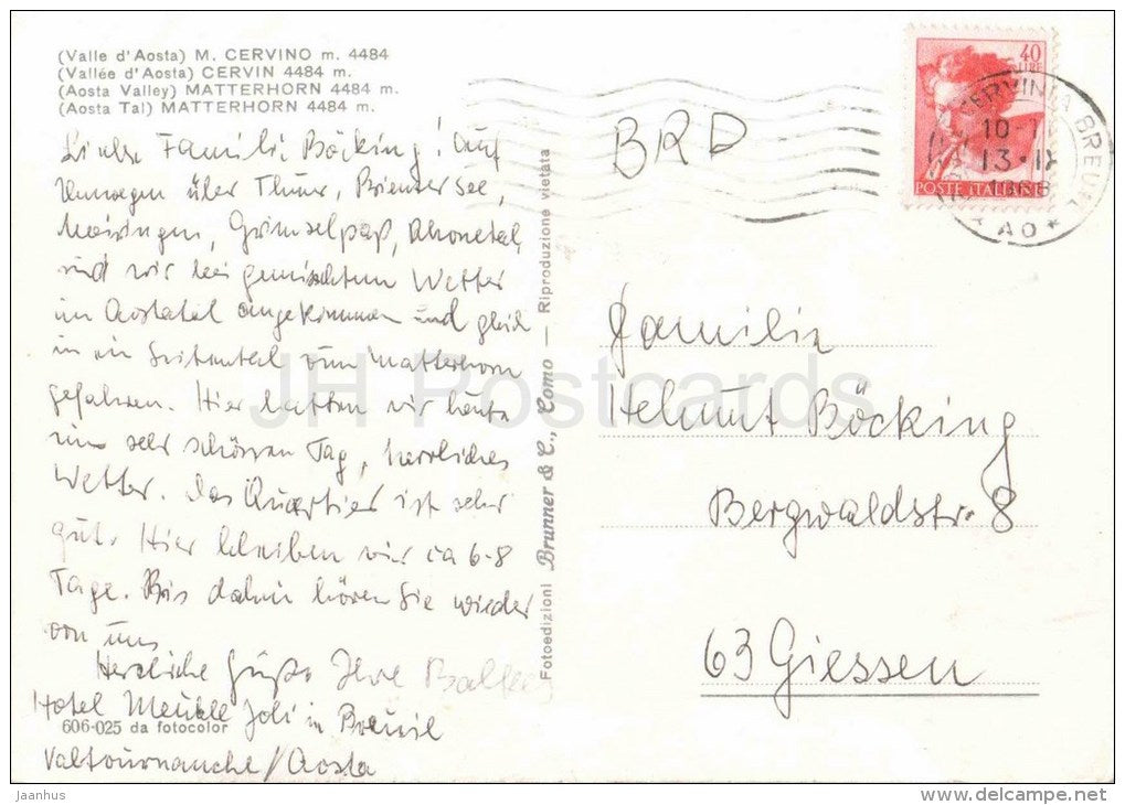 Valle d´Aosta - Aosta Valley - Matterhorn - M. Cervino - Italia - Italy - sent from Italy Cervinia to Germany - JH Postcards