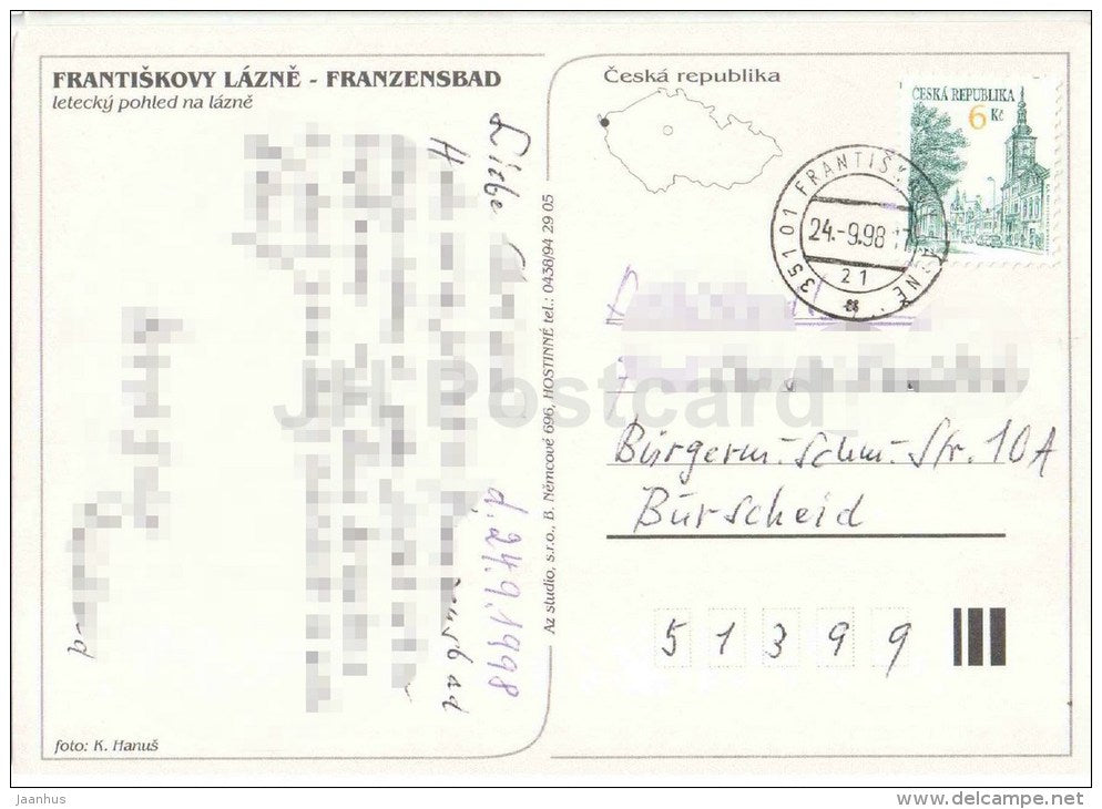 Frantiskovy Lazne - Franzensbad - spa - Czech Republic - used 1998 - JH Postcards