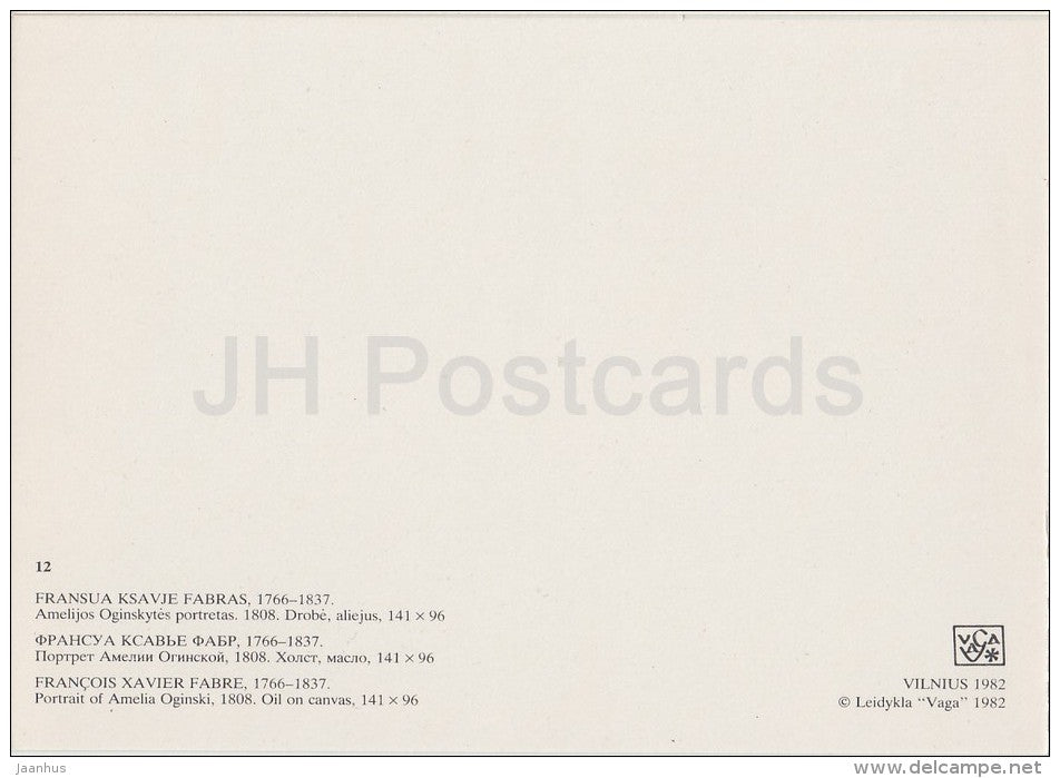 painting by Francois-Xavier Fabre - Portrait of Amelia Oginski , 1808 - girl - french - Lithuania USSR - 1982 - unused - JH Postcards