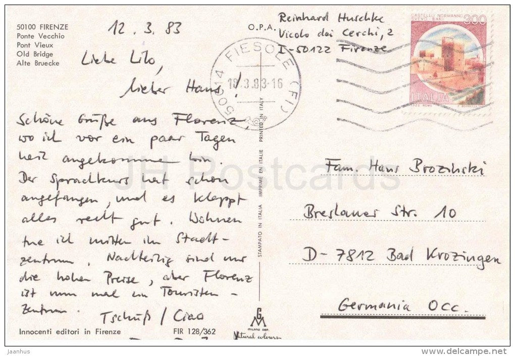 Ponte Vecchio - Old Bridge - Firenze - Florence - 50100 - Italia - Italy - sent from Italy Fiesole to Germany 1983 - JH Postcards