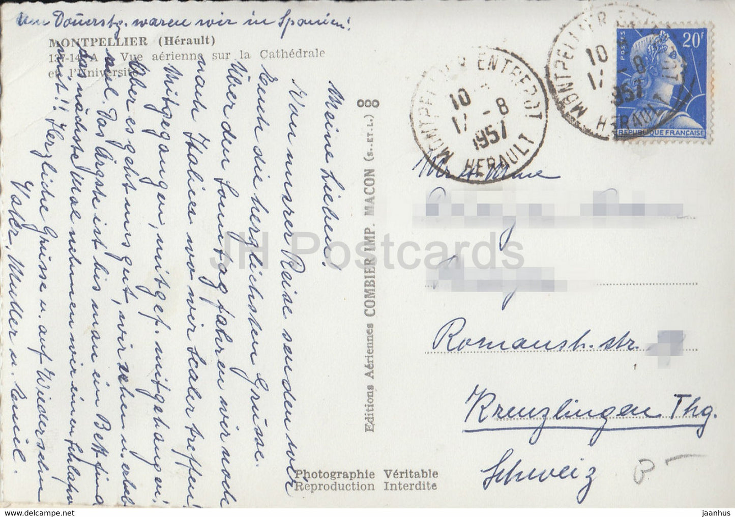 Montpellier - Vue aérienne sur la Cathédrale et l'Université - cathédrale - carte postale ancienne - 1957 - France - utilisé