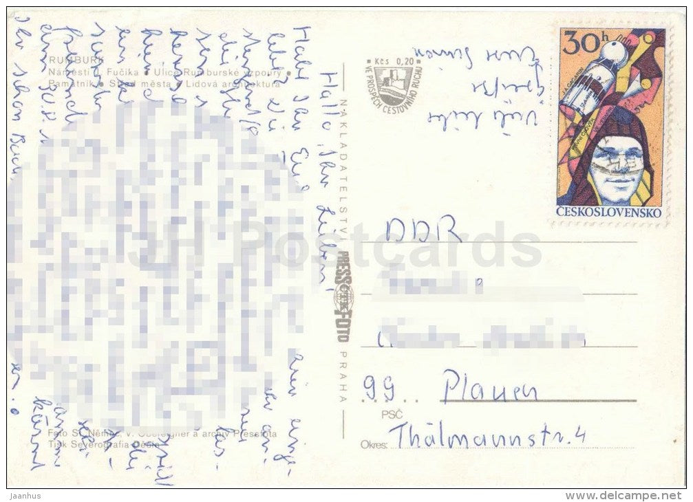 Rumburk - Fucika square - monument - folk architecture - Czechoslovakia - Czech - used - JH Postcards