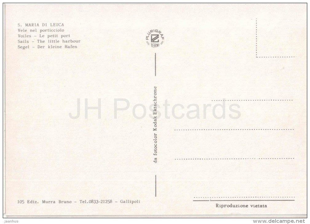 Vele nel porticciolo - sails , lighthouse - S. Maria di Leuca - Lecce - Puglia - 105 - Italia - Italy - unused - JH Postcards