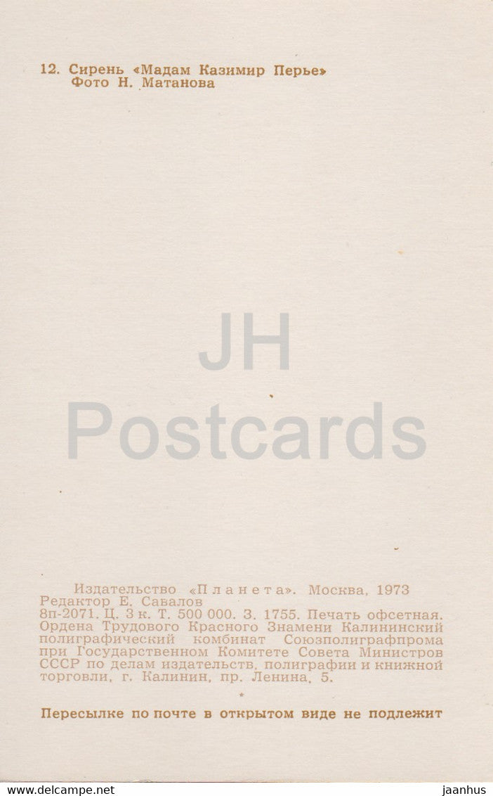 Mme. Casimir Perier - Lilac - Flowers - 1973 - Russia USSR - unused