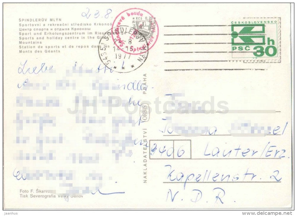 Spindleruv Mlyn - Sports and Holiday centre in the Giant Mountains - Czechoslovakia - Czech - used 1977 - JH Postcards