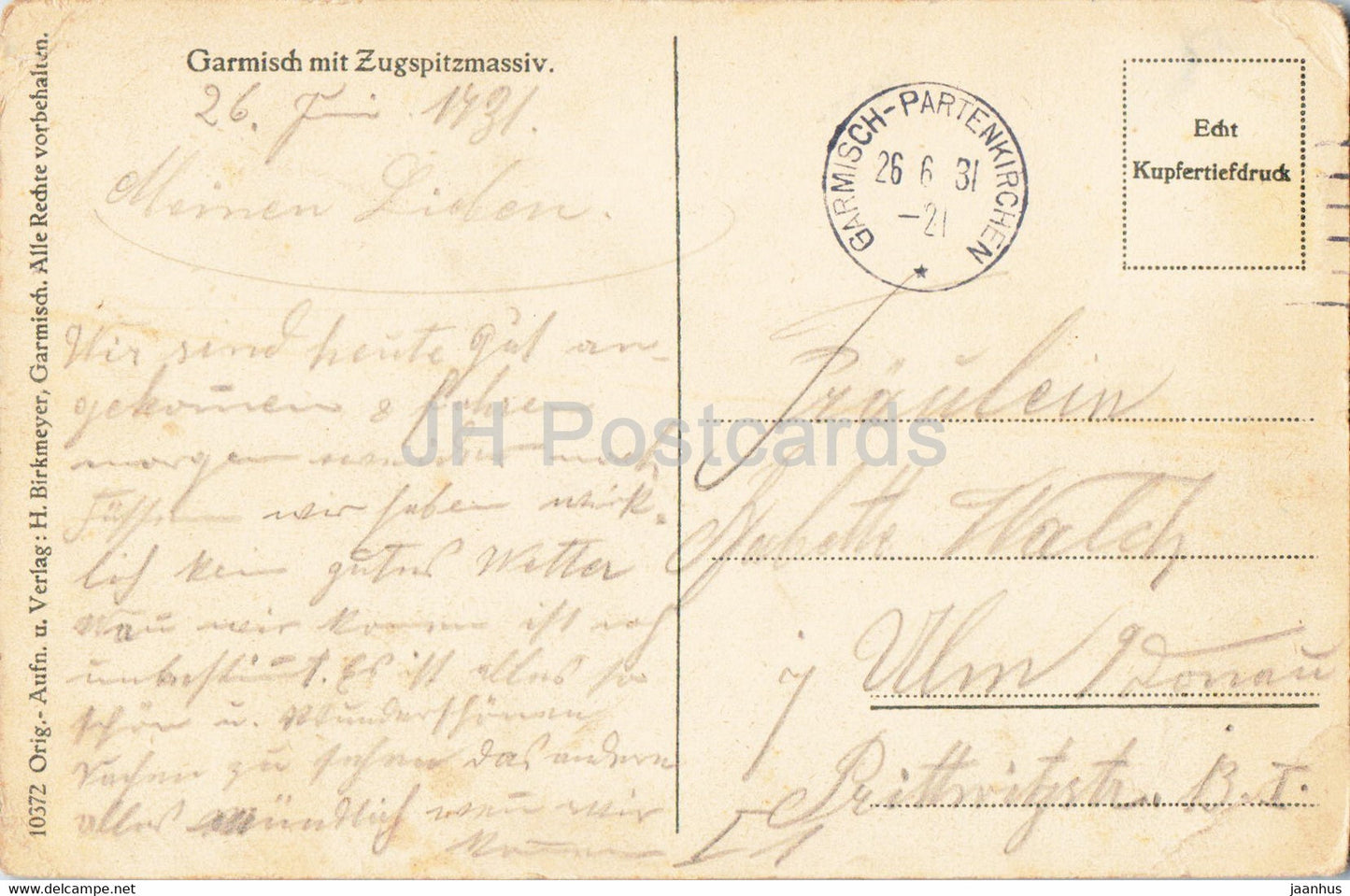 Garmisch mit Zugspitzmassiv - 10372 - carte postale ancienne - 1931 - Allemagne - utilisé