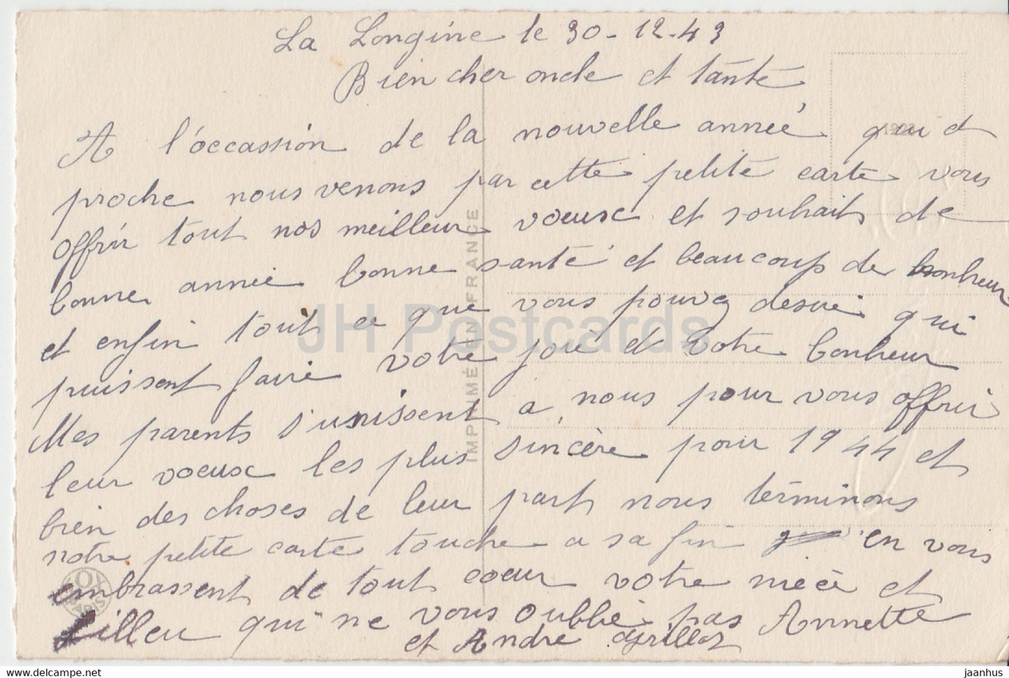 Geburtstagsgrußkarte – Bonne Fete – rote Blumen in einer Vase – Illustration – alte Postkarte – 1943 – Frankreich – gebraucht