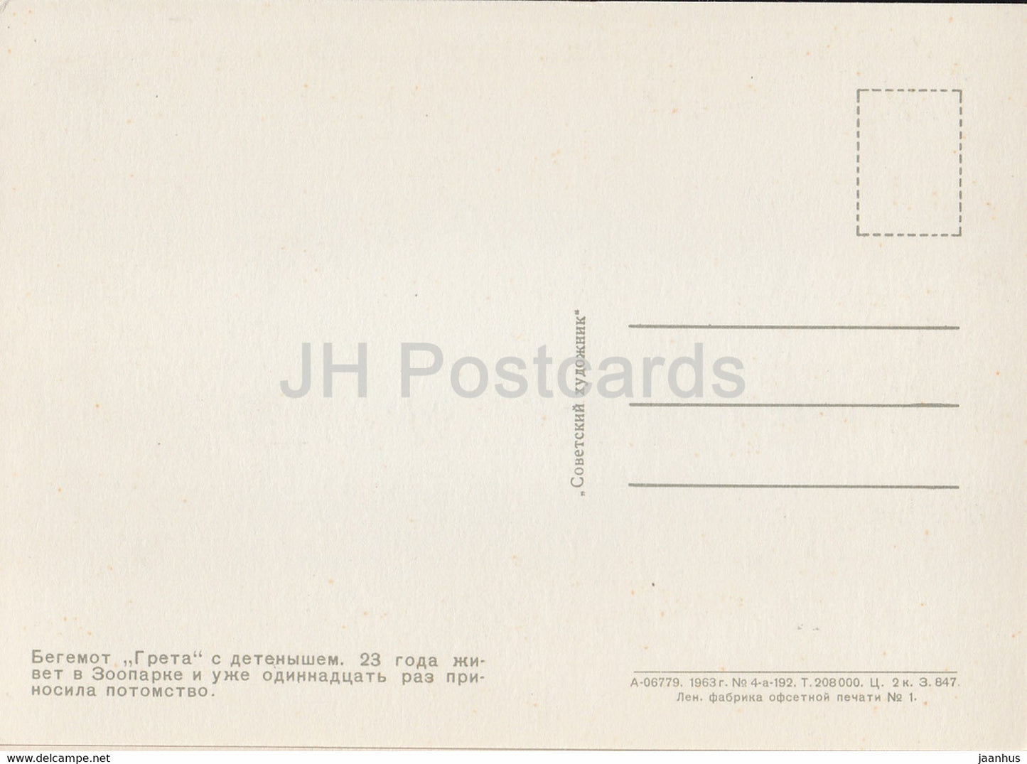 Hippopotamus Greta - Zoo de Moscou - 1963 - Russie URSS - inutilisé