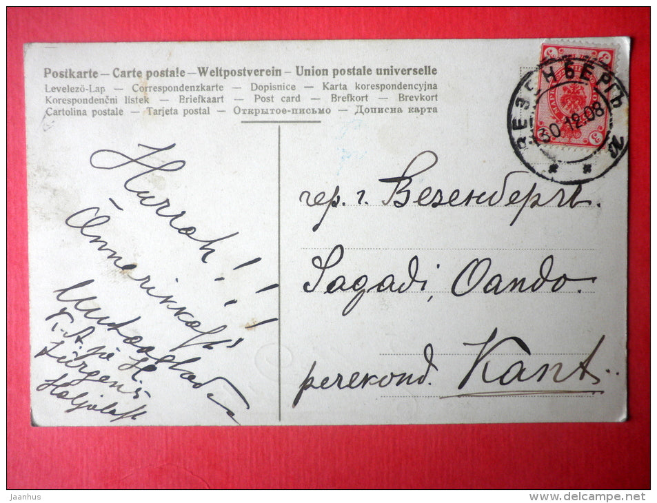 new year greeting card - winter - dwarfs - old car - 652 - circulated in Imperial Russia Estonia Wesenberg 1908 - JH Postcards