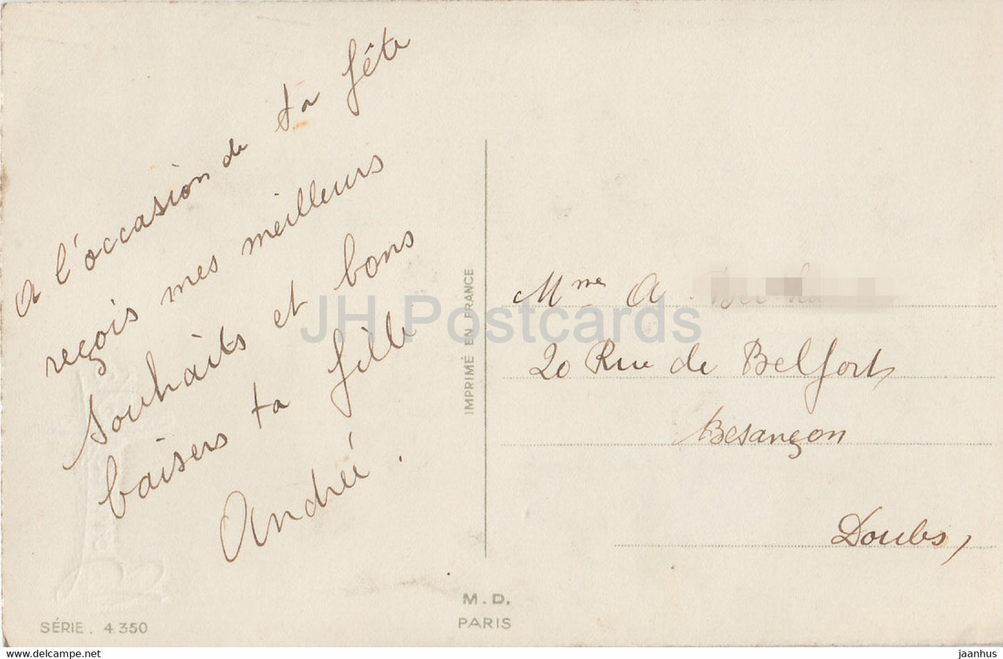 Birthday Greeting Card - Bonne Fete - red flowers - MD Paris - Serie 4350 - illustration - old postcard - France - used