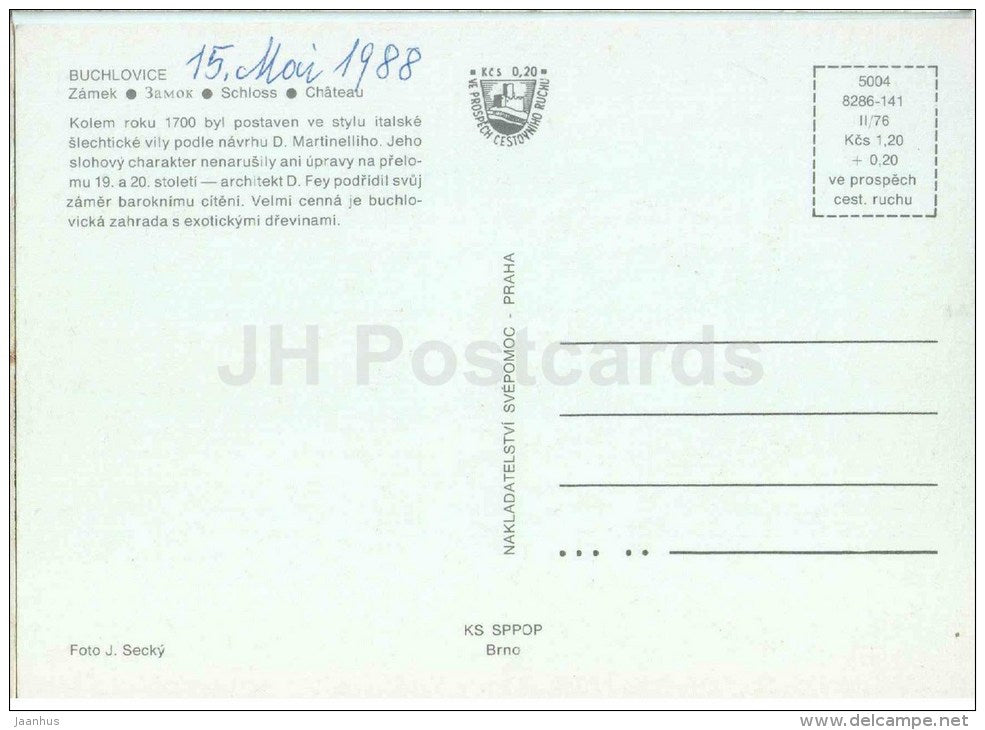 castle - Buchlovice - Czech - Czechoslovakia - unused - JH Postcards