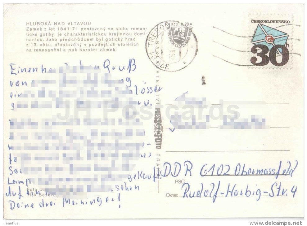 Hluboka castle - interior - Czechoslovakia - Czech - used - JH Postcards