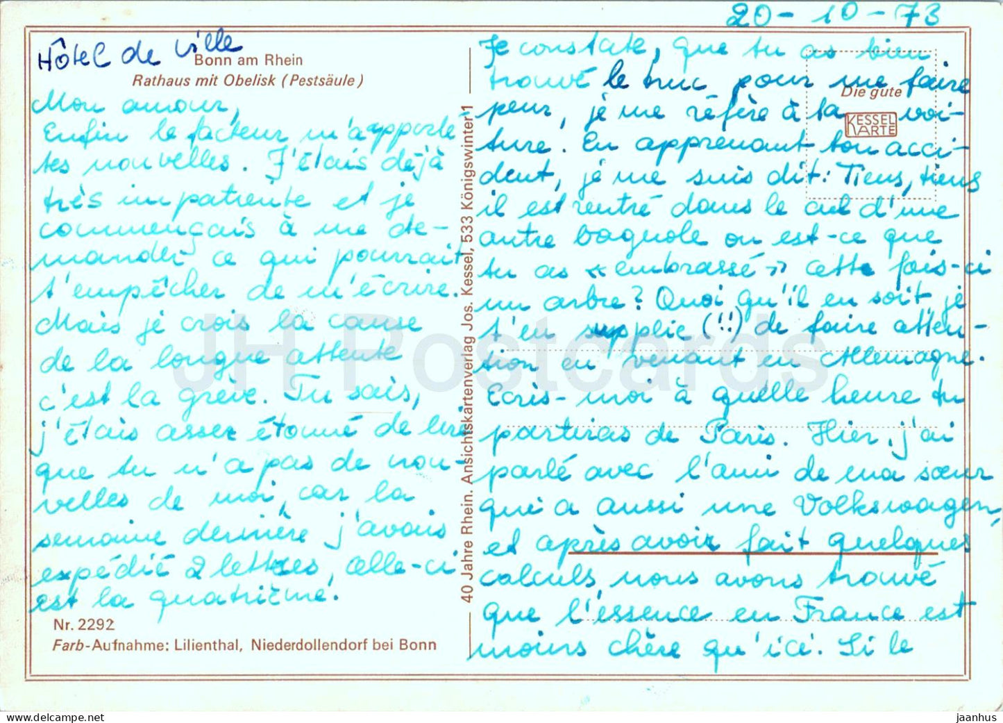 Bonn am Rhein - Rathaus mit Obelisk - Pestsaule - Town Hall with Obelisk - 2292 - 1973 - Germany - used