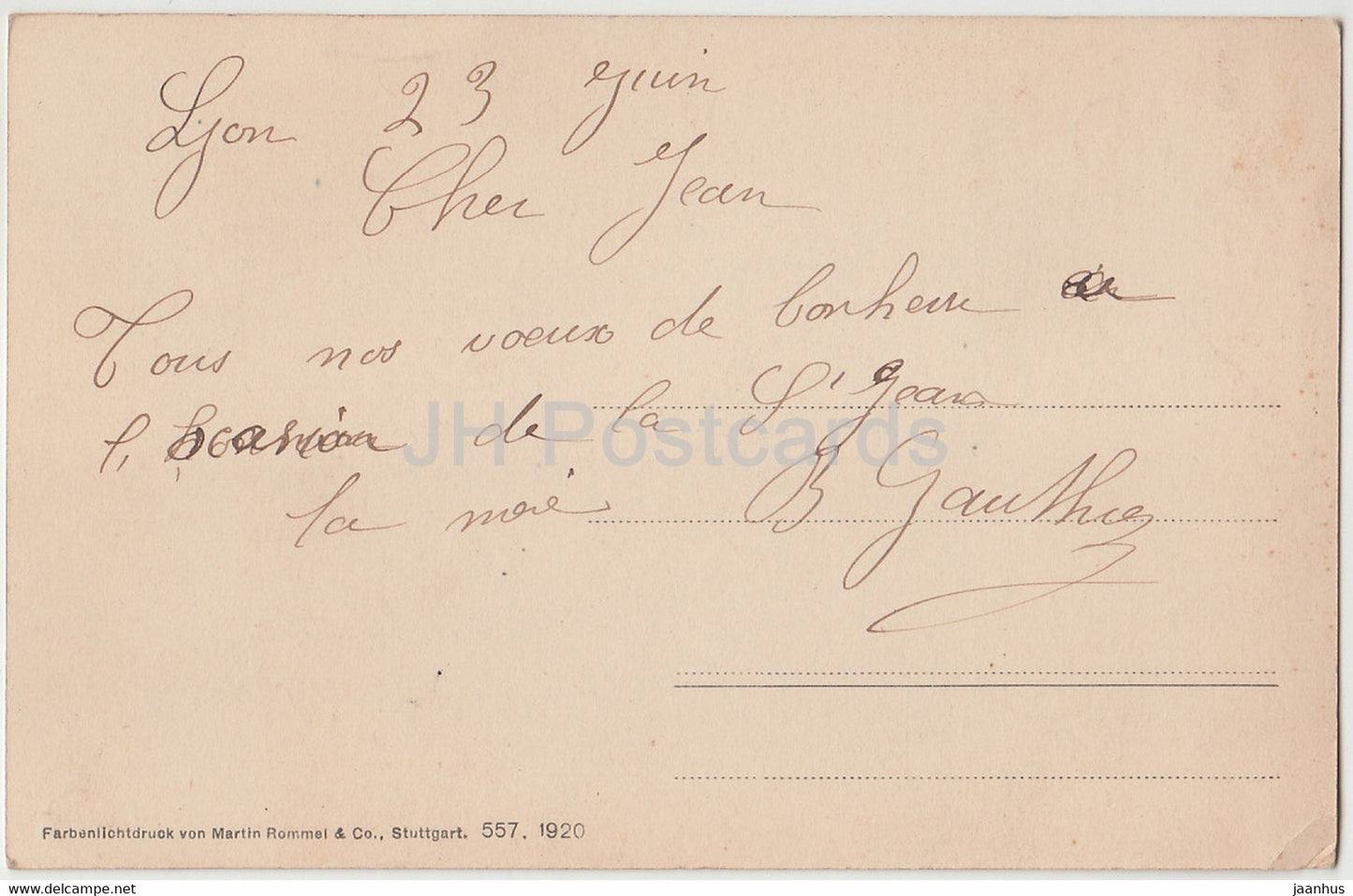 Birthday Greeting Card - Bonne Fete - pink rose - flowers - 557 - old postcard - 1920 - Germany - used