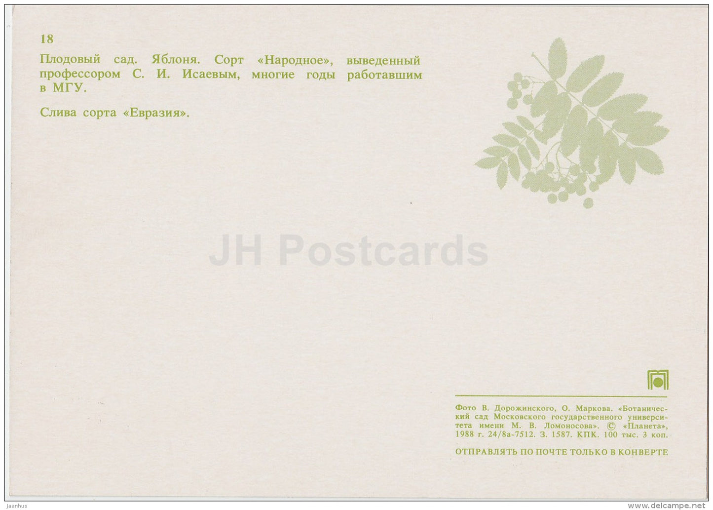 Fruit Garden - plum Eurasia - apple - Moscow Botanical Garden - 1988 - Russia USSR - unused - JH Postcards