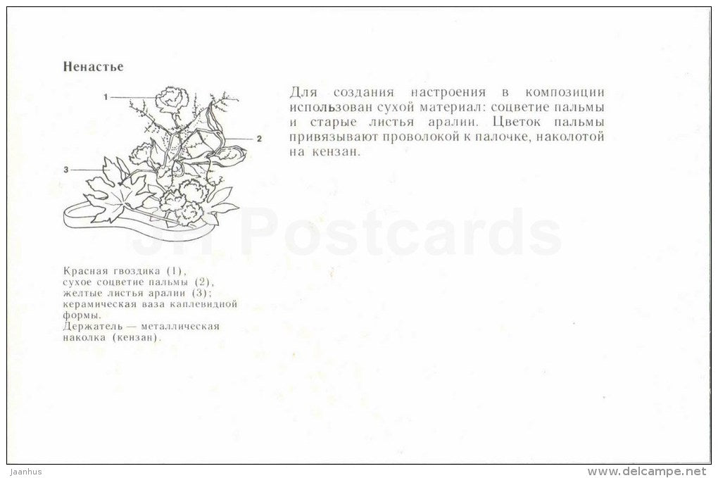Bad Weather - red carnation - bouquet - ikebana - flowers - 1985 - Russia USSR - unused - JH Postcards