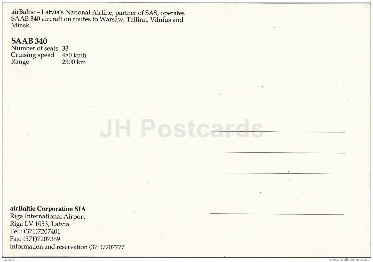 Saab 340 - airplane - Air Baltic - Latvia - unused - JH Postcards