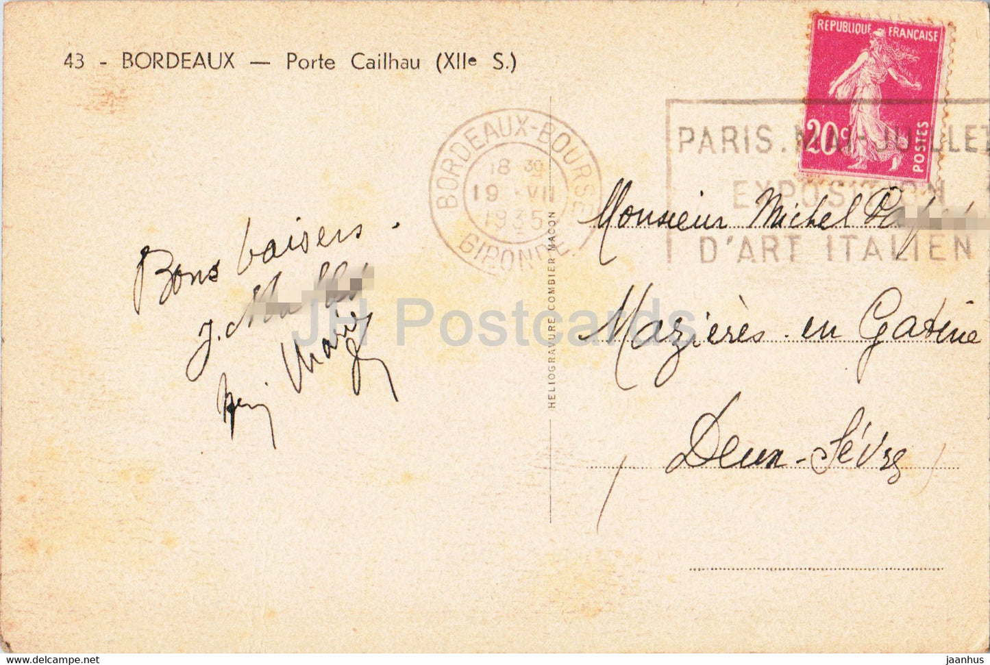 Bordeaux - Porte Cailhau - 43 - old postcard - 1935 - France - used