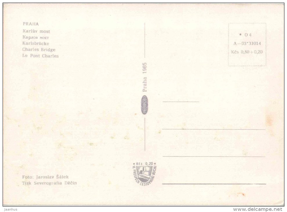 Charles Bridge - Prague - Praha - Czechoslovakia - Czech - unused 1965 - JH Postcards