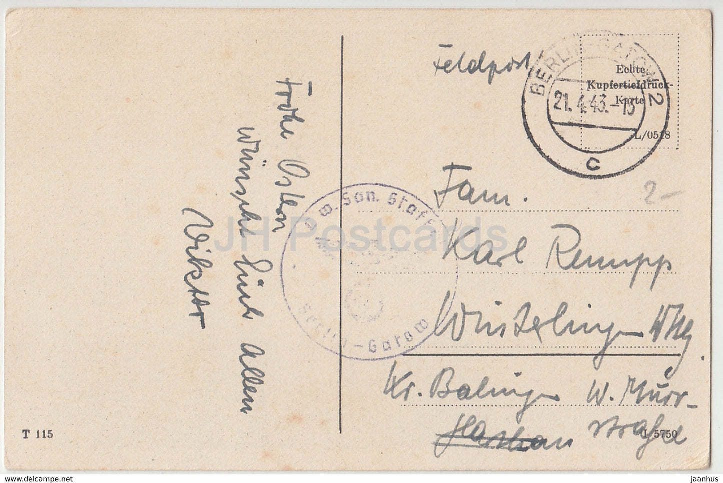 flowers in a vase - lily of the valley - peonies - flowers - T 115 - Feldpost - old postcard - 1943 - used