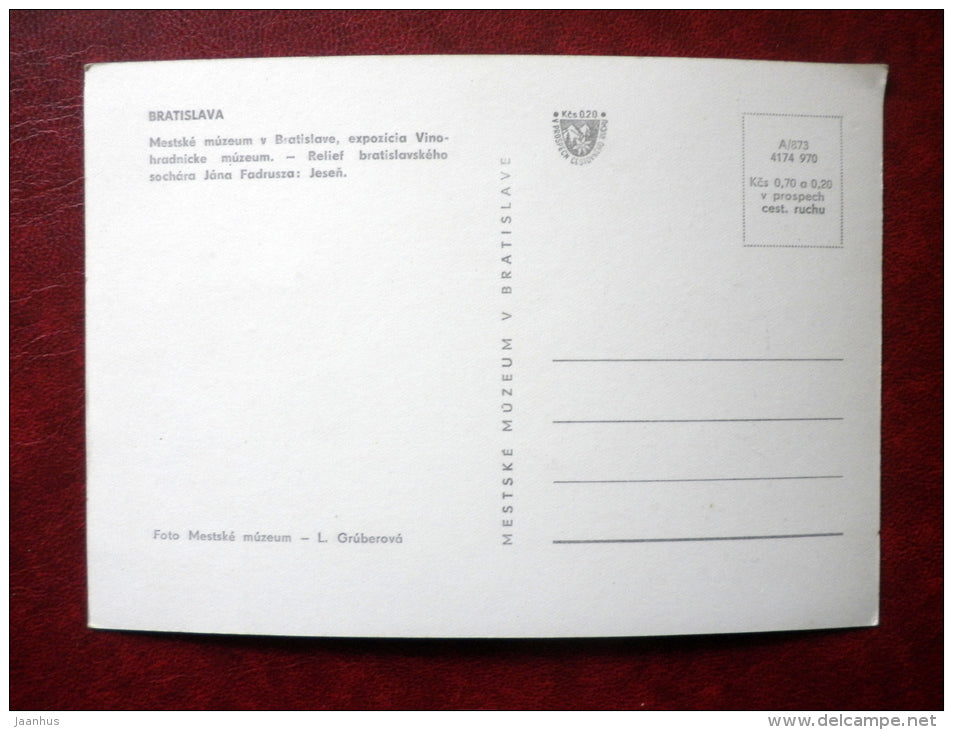 relief of Bratislava sculptor Jan Fadrusza - Municipal Museum in Bratislava - Slovakia Czechoslovakia - unused - JH Postcards