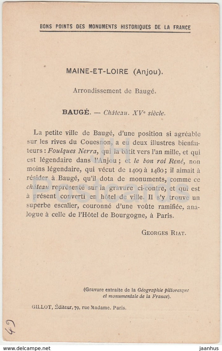 Bauge - Chateau - Les Monuments Historiques de la France - Schloss - alte Postkarte - Frankreich - unbenutzt
