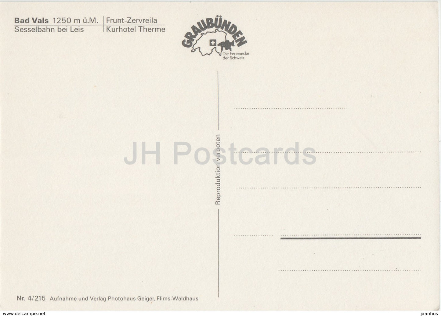 Bad Vals 1250 m - Sesselbahn bei Leis - Frunt Zervrelia - Kurhotel Terme - téléphérique - hôtel - Suisse - inutilisé