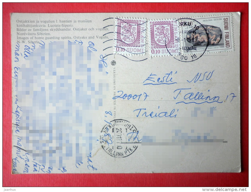 images of home guarding spirits , Ostyaks and Voguls , NW Siberia - Finland - sent from Finland Turku to Estonia 1987 - JH Postcards