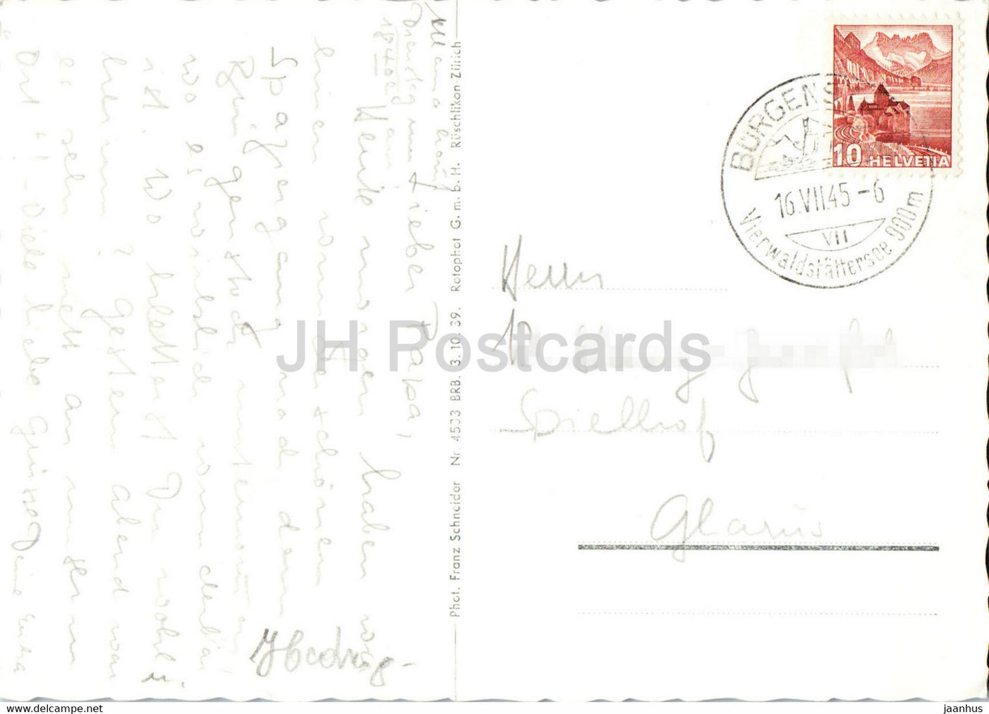 Luzerner Segelboot gegen Burgenstock 1132 m - sailing boat - 133 - old postcard - 1945 - Switzerland - used