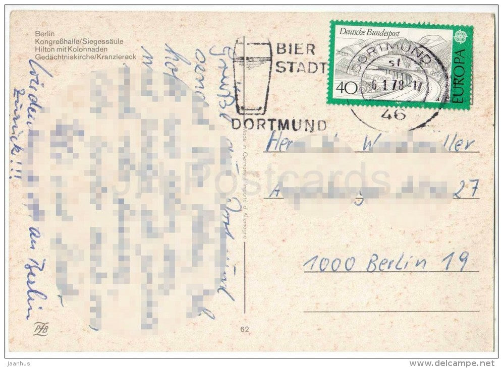 Grüsse aus Berlin - Kongresshalle - Siegessäule - Hilton mit Kolonnaden - Gedächtniskirche - 62 Germany - 1978 gelaufen - JH Postcards