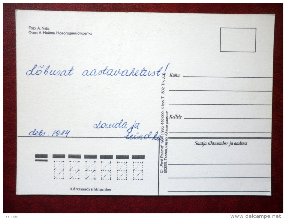 New Year Greeting card - candles - pine cones - 1984 - Estonia USSR - used - JH Postcards