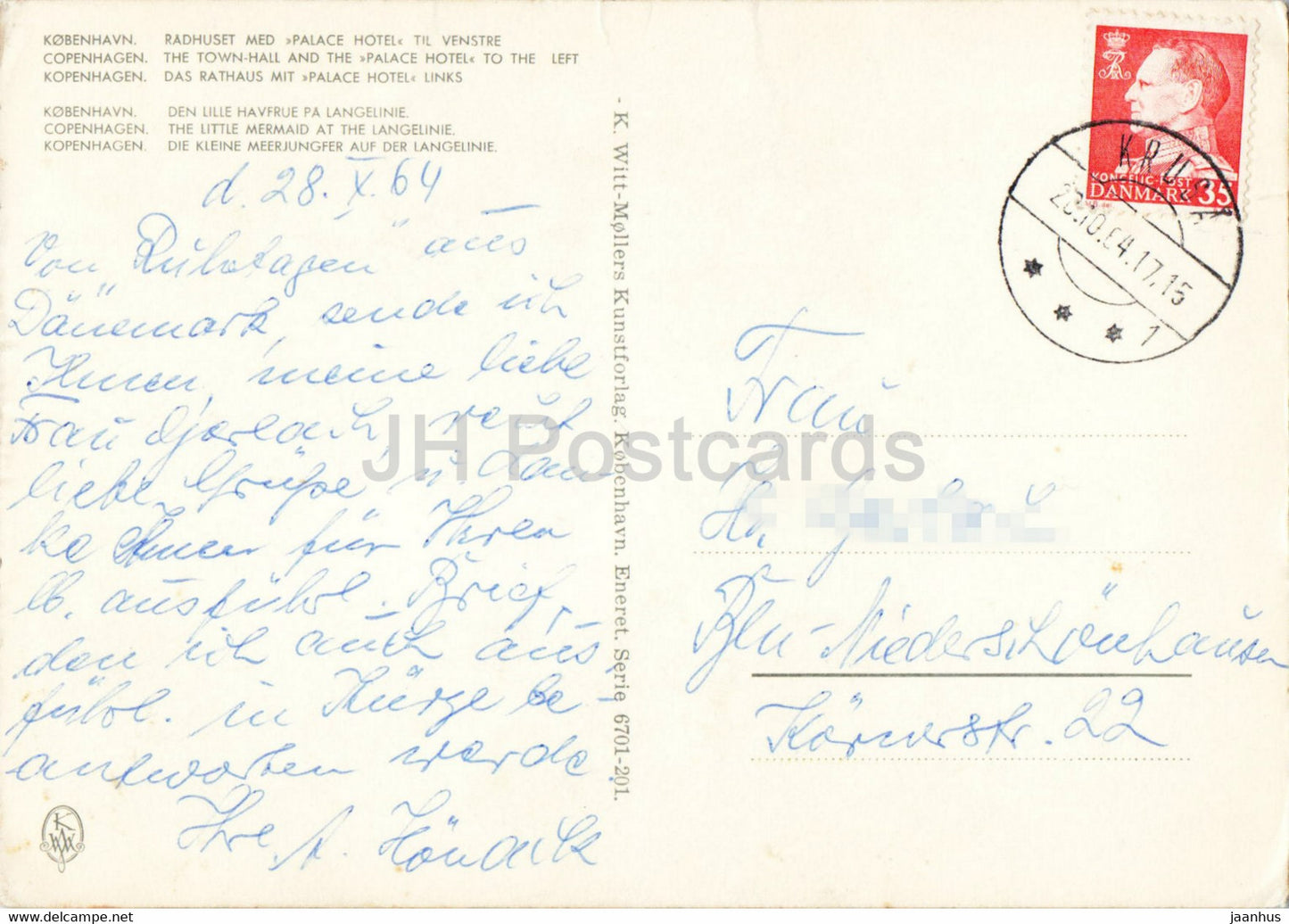 Copenhague - L'hôtel de ville et l'hôtel Palace à gauche - Petite Sirène - 1964 - Danemark - utilisé