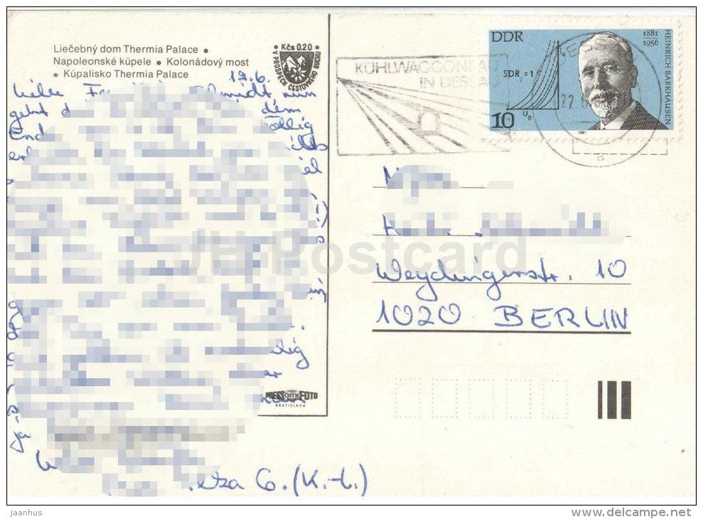 Piestany - Thermia Palace - spa - Napoleon - colonnade bridge - passenger boat - Czechoslovakia - Slovakia - used 1981 - JH Postcards