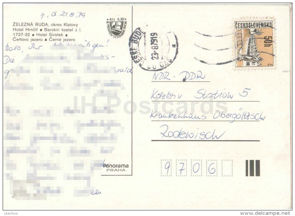 Zelezna Ruda - Klatovy district - hotel Hrncir - church - hotel Sirotek - Czechoslovakia - Czech - used 1979 - JH Postcards
