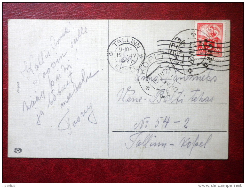 Easter Greeting Card - chicken - eggs - flowers - EAS - circulated in Estonia 1927 , Tallinn , Kopli - France - used - JH Postcards