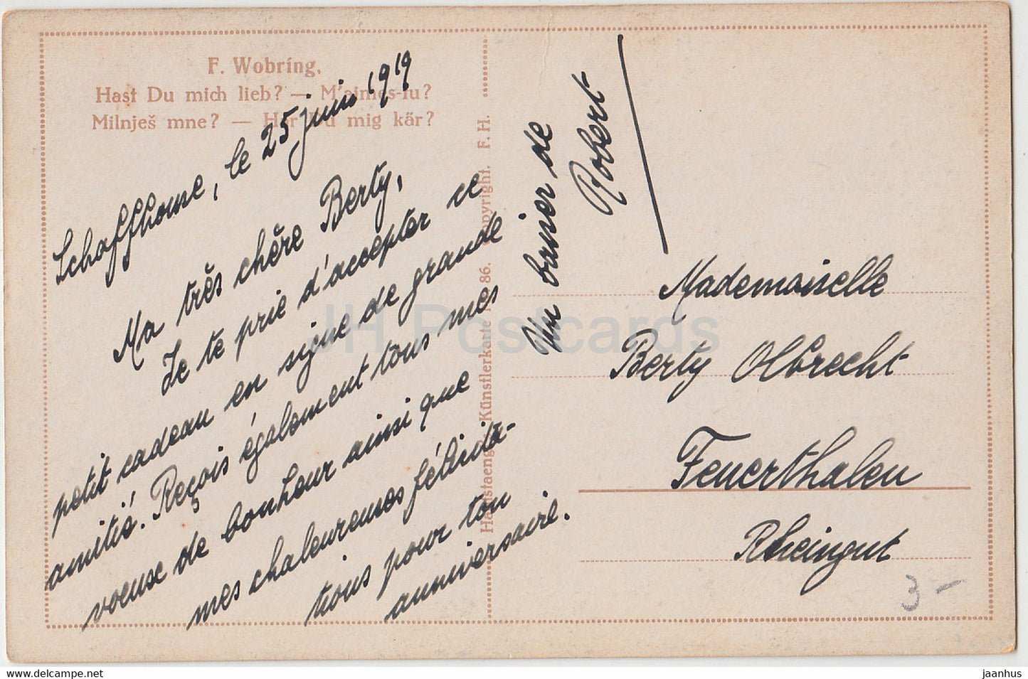 tableau de F. Wobring - Hast du Mich Lieb - dame - Art allemand - carte postale ancienne - 1919 - Allemagne - utilisé